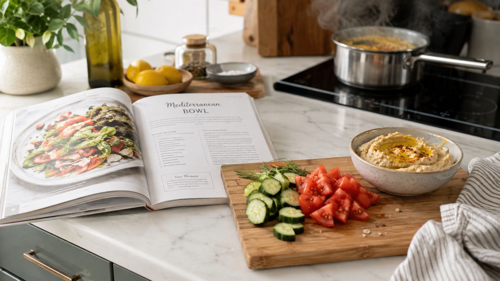 A Mediterranean bowl recipe from a cookbook alongside freshly chopped cucumbers, tomatoes, and a bowl of hummus.