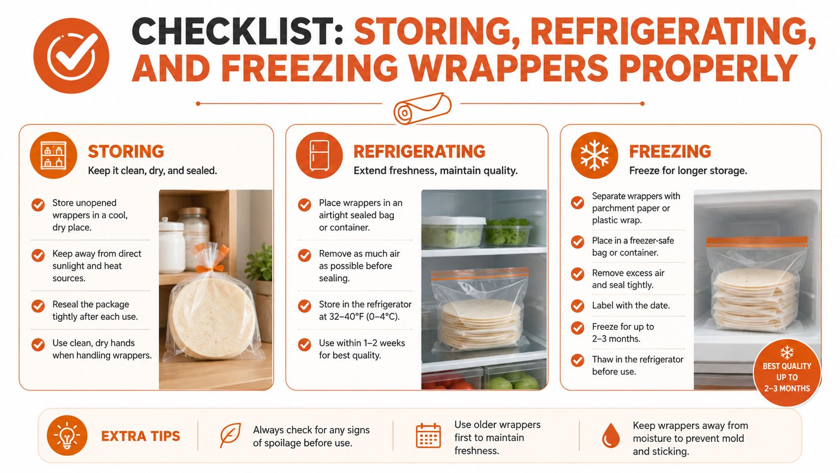 An infographic checklist showing instructions for properly storing, refrigerating, and freezing homemade dumpling wrappers for freshness.