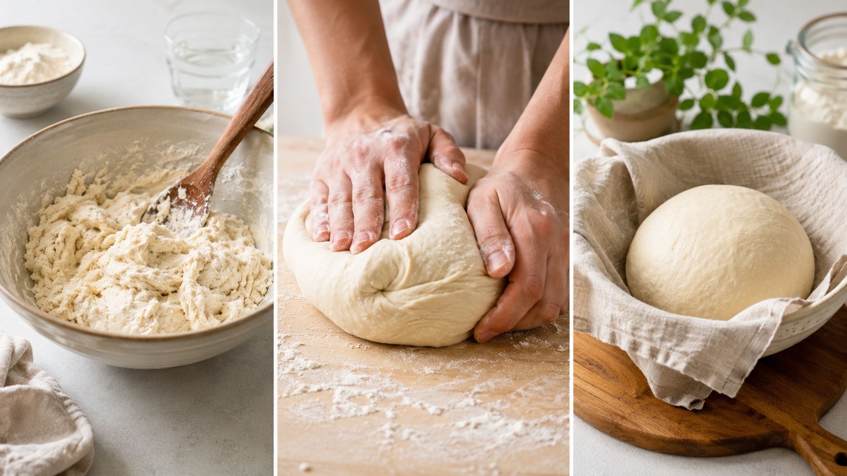 Three stages of homemade dumpling wrapper preparation showing mixing dough, kneading, and rising in a bowl.