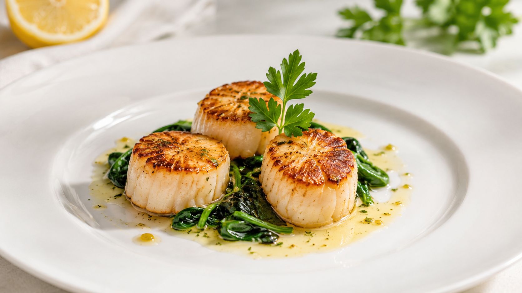 A close-up of three golden-brown seared scallops served on a bed of sautéed spinach on a white plate.