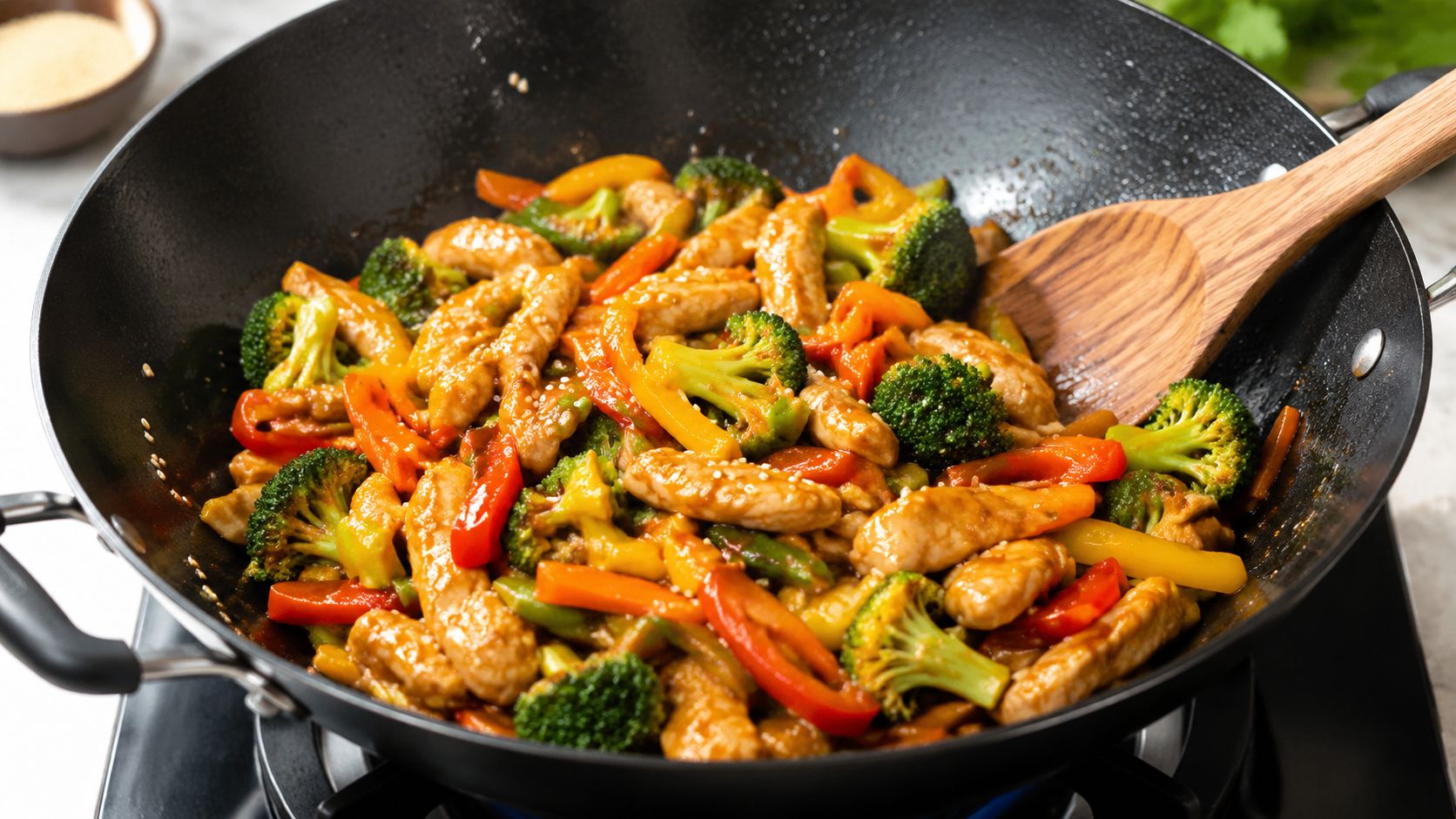 A fresh stir-fry with chicken, colorful bell peppers, and broccoli being cooked in a large black wok.
