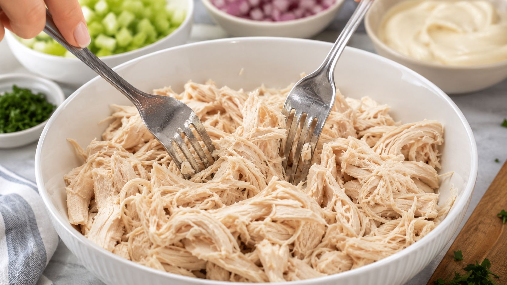 A person using two forks to shred cooked chicken breast in a white bowl for chicken salad.
