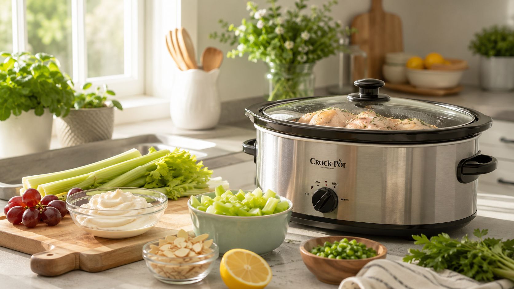 A stainless steel slow cooker sits on a kitchen counter filled with cooked chicken next to salad ingredients.