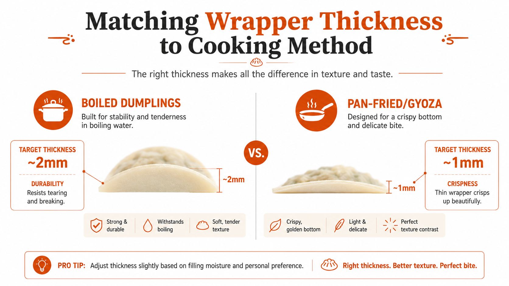 An infographic comparing the ideal dough thickness for boiled dumplings versus pan-fried gyoza for better texture.