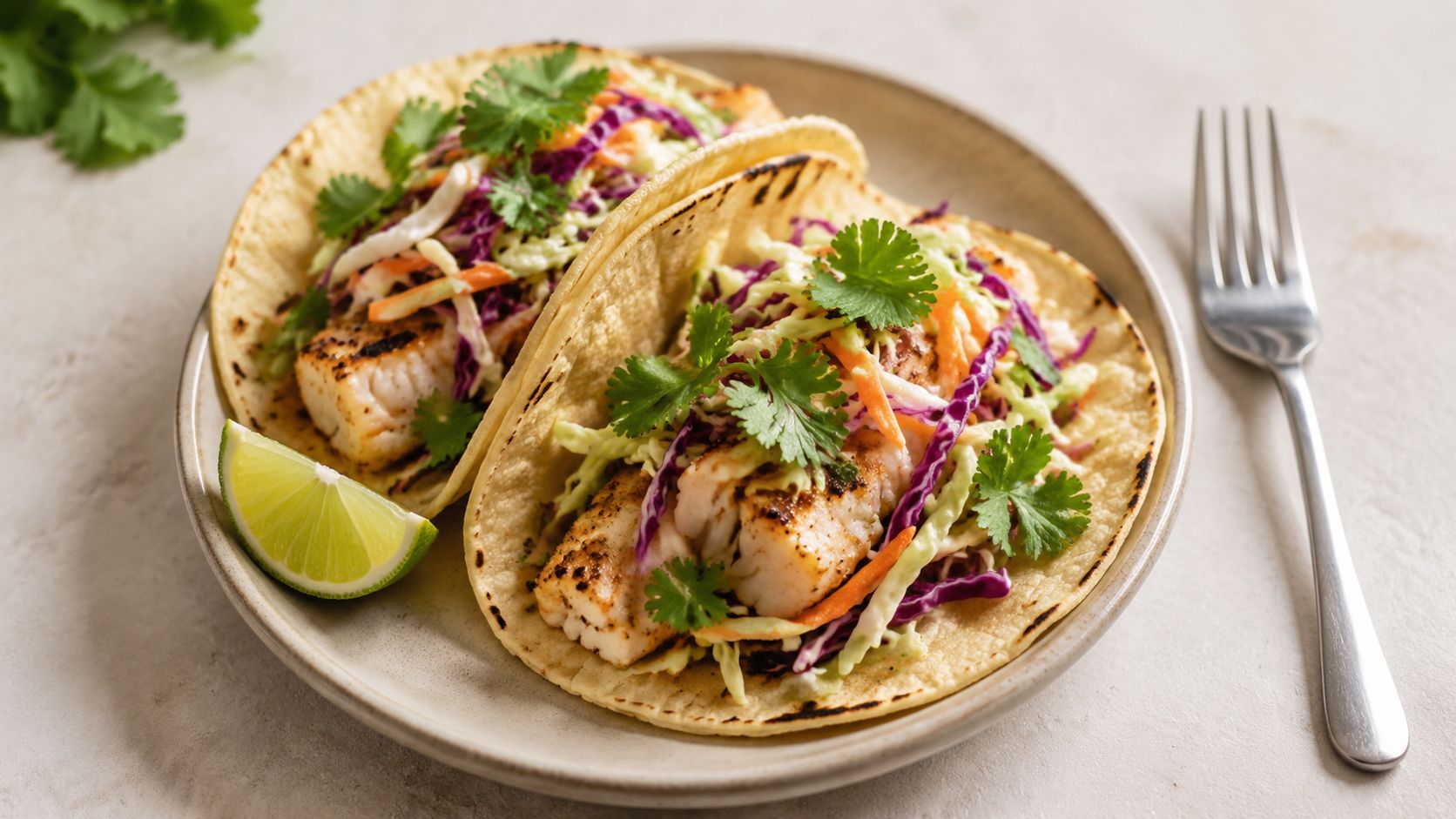 Two fresh fish tacos topped with colorful cabbage slaw and cilantro on a plate with lime.