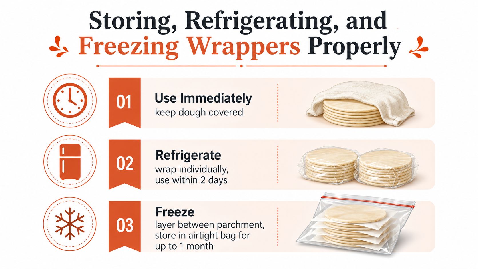 An infographic showing three steps to store dumpling wrappers: using immediately, refrigerating, and freezing properly.