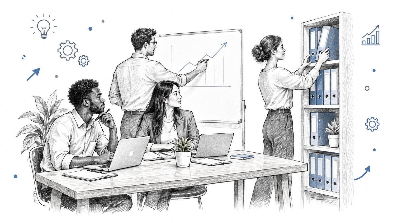 A diverse professional team collaborates in a modern office with charts, laptops, and organized document binders.