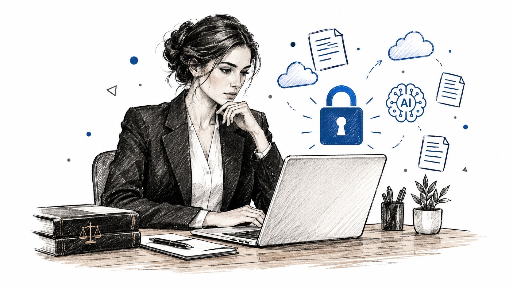 A professional woman working on a laptop at a desk with law books, representing secure AI technology.