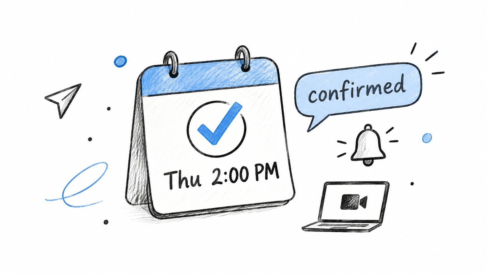 A hand-drawn illustration showing a calendar set for Thursday at 2:00 PM with a confirmed status notification.