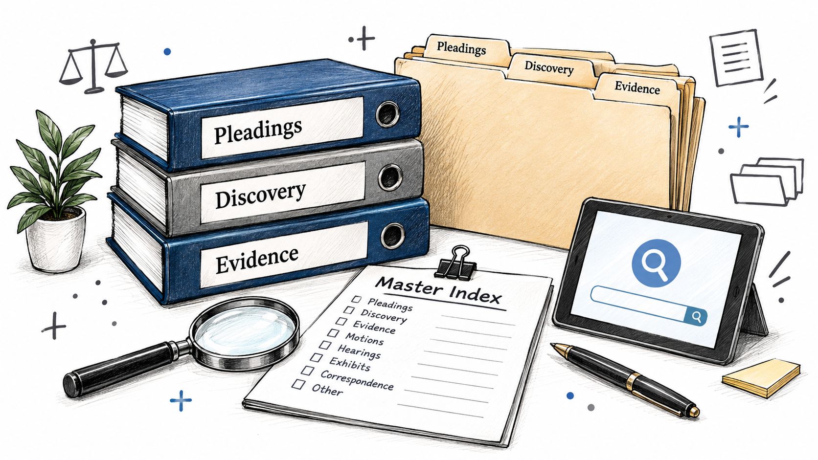 A legal trial preparation desk featuring binders, a master index checklist, tablet, and office supplies.