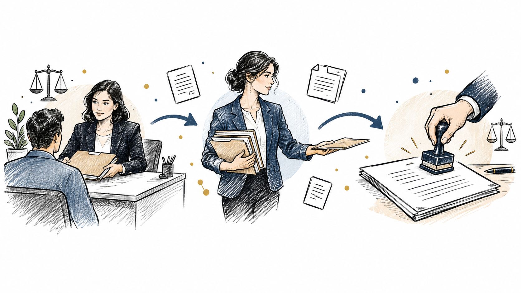 A professional illustration showing the workflow of a medical records coordinator managing and stamping official legal documents.