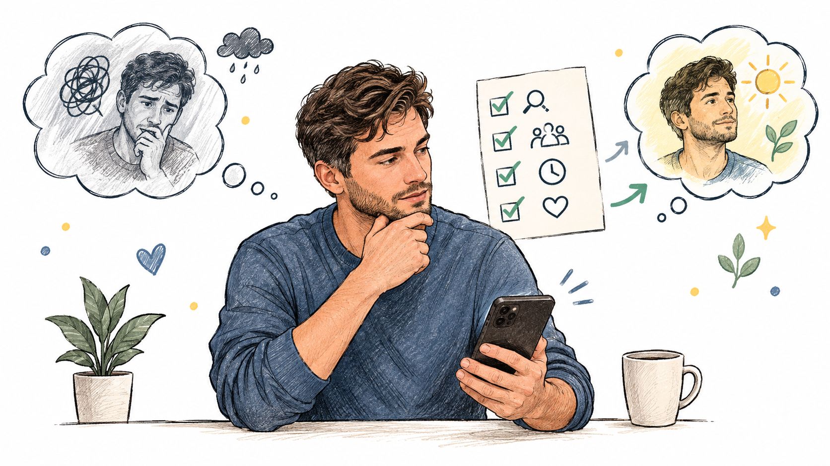 A man looking thoughtfully at his smartphone, contemplating a transition from anxious thoughts to a positive mindset.