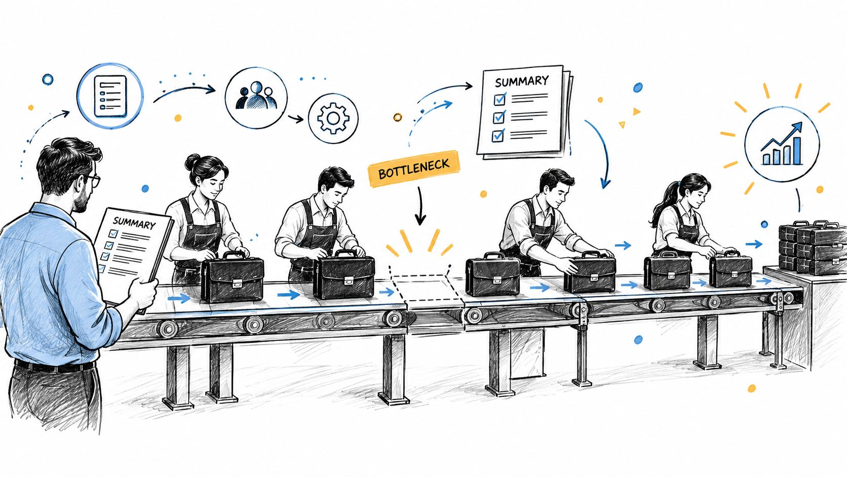 A professional illustration of a production line depicting a workflow bottleneck affecting the processing of briefcase manufacturing.
