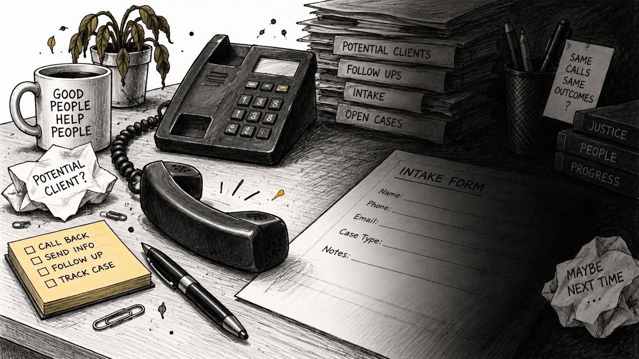 A chaotic law office desk featuring an intake form, telephone, and sticky notes illustrating legal case processing.