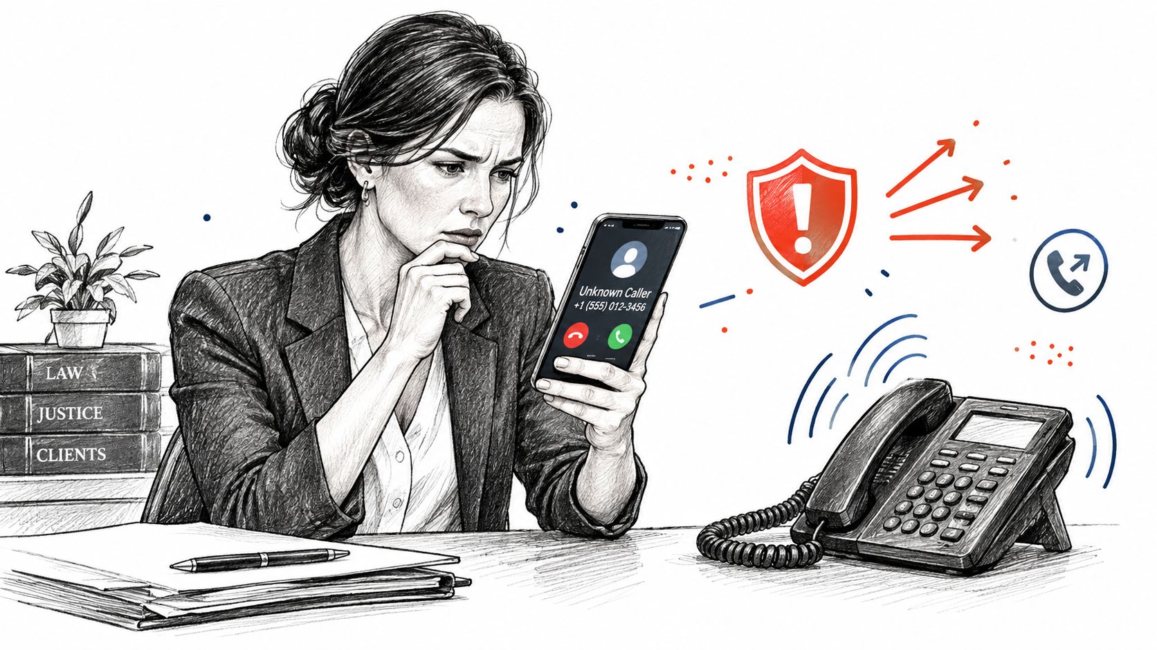 A concerned professional woman looks at her smartphone displaying an unknown caller ID while sitting at her desk.