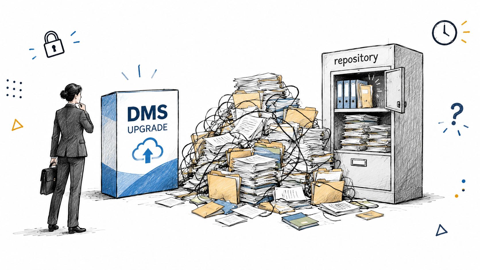 A businesswoman observing a messy pile of paperwork next to a digital DMS upgrade box and repository.
