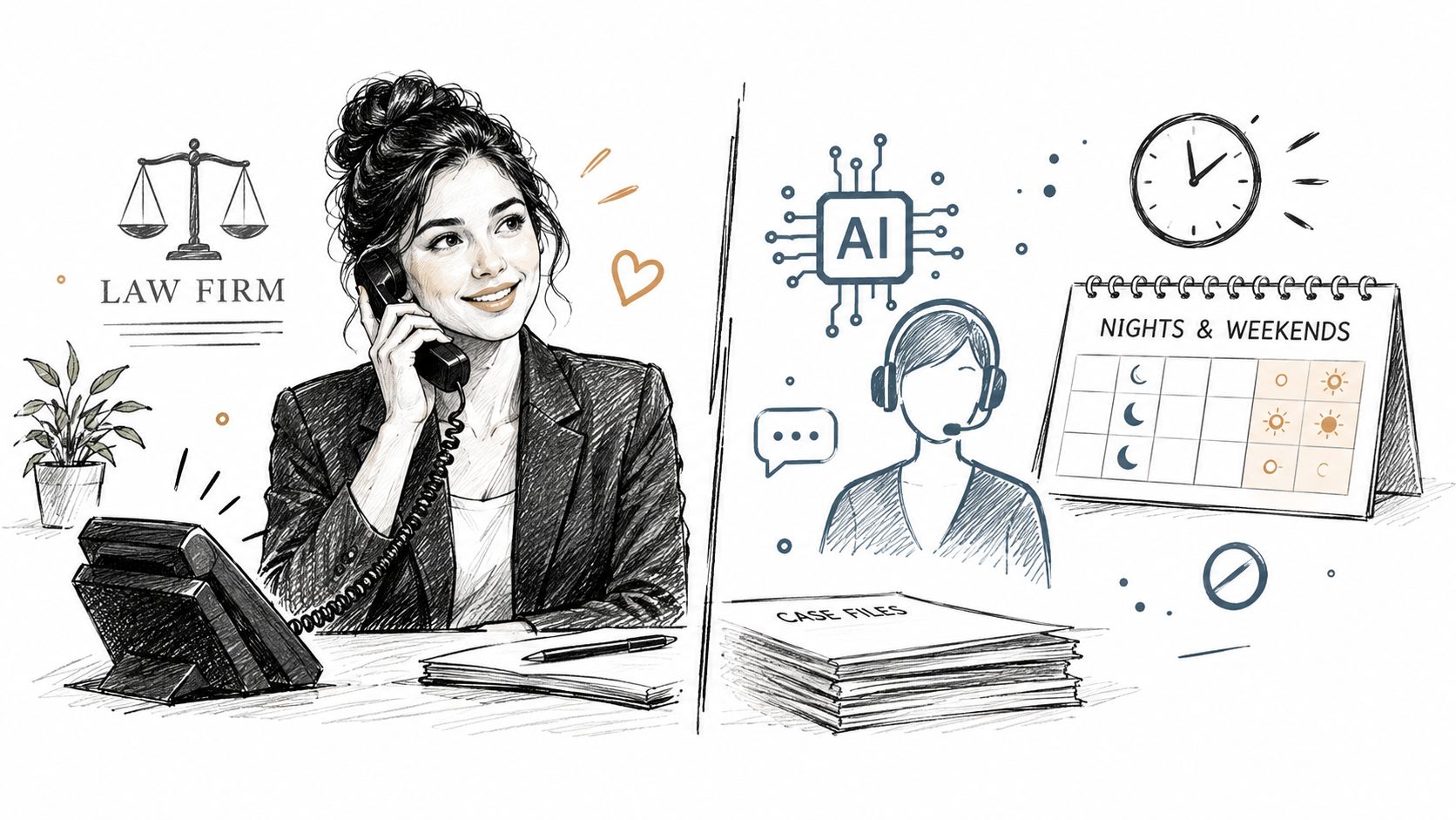 A professional woman at a desk in a law firm with an AI answering service illustration.