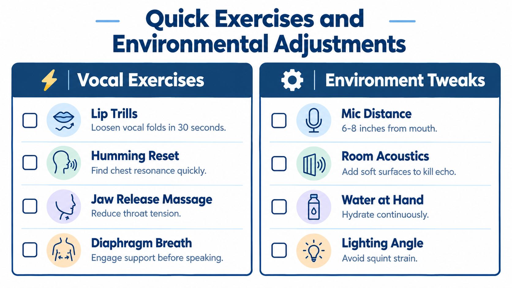 An infographic titled Quick Exercises and Environmental Adjustments outlining vocal warm-ups and recording environment tips for speakers.