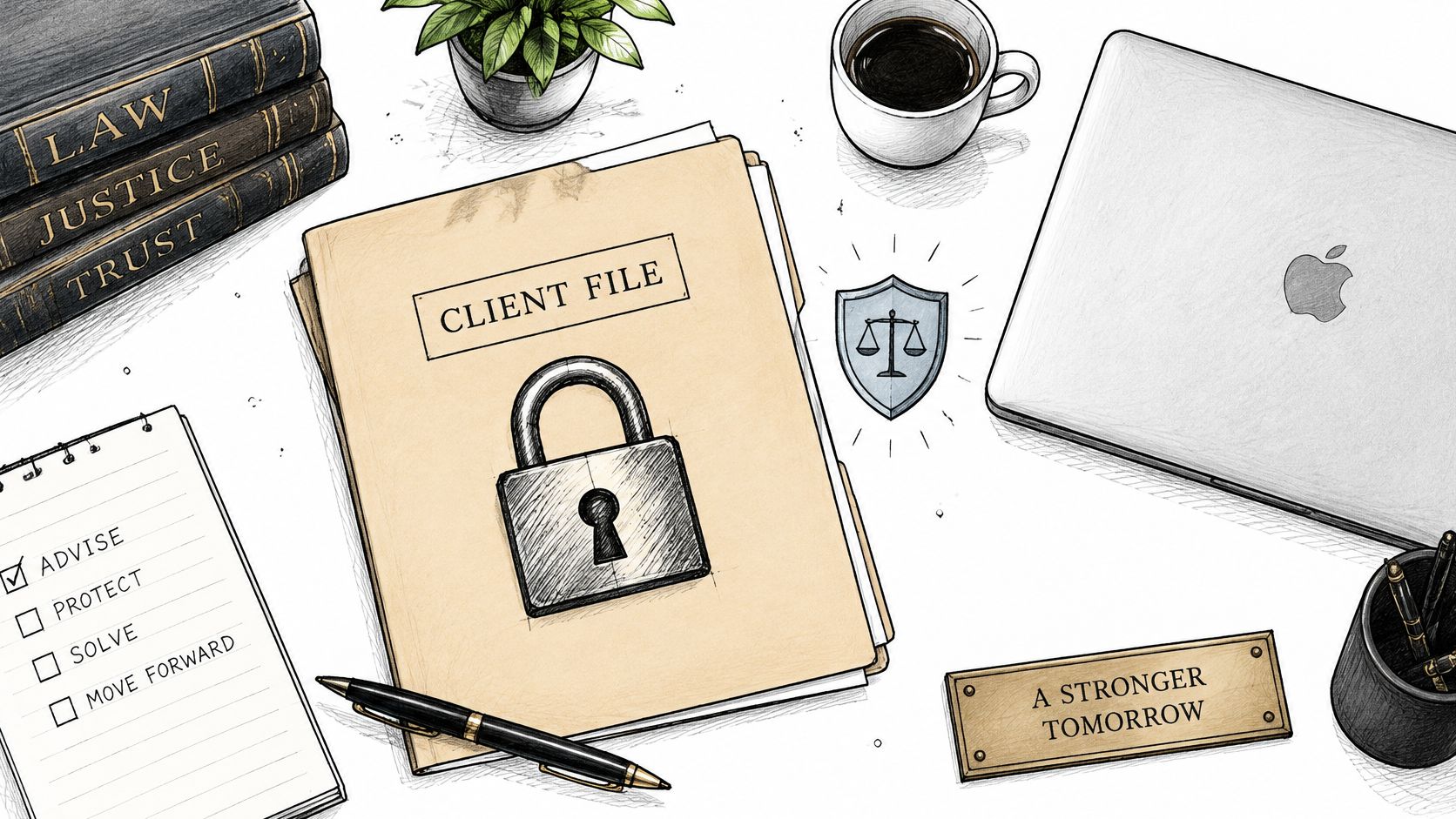 A professional desk workspace featuring a client file folder, law books, a laptop, and a checklist.
