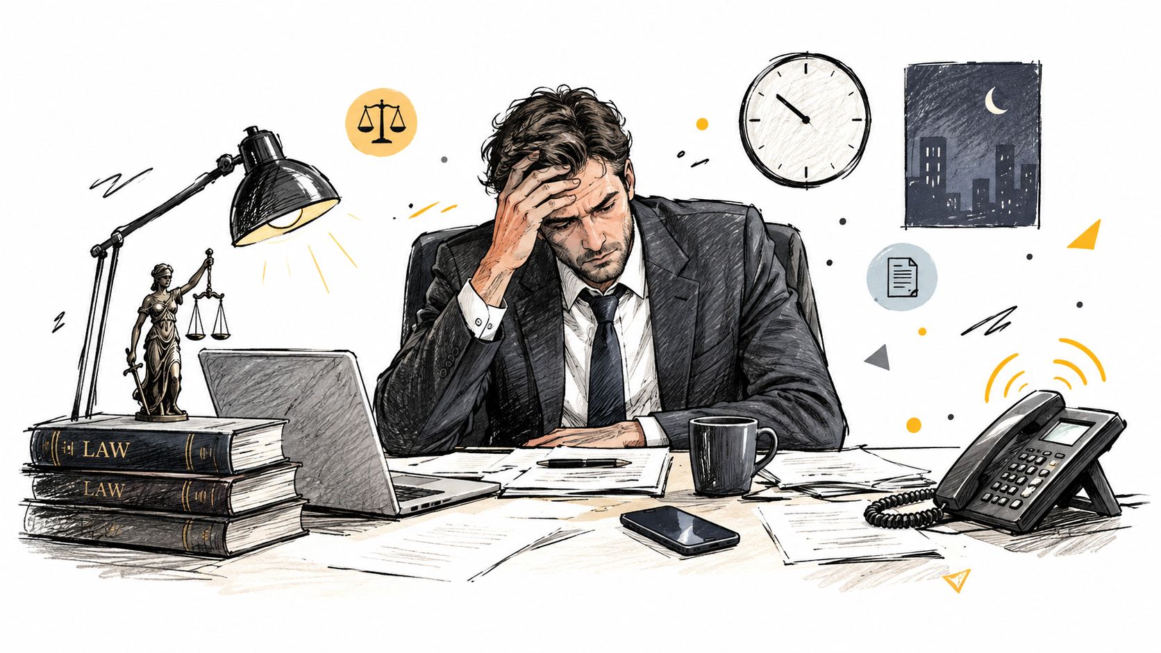 A stressed lawyer sits at his desk late at night, surrounded by law books and paperwork.