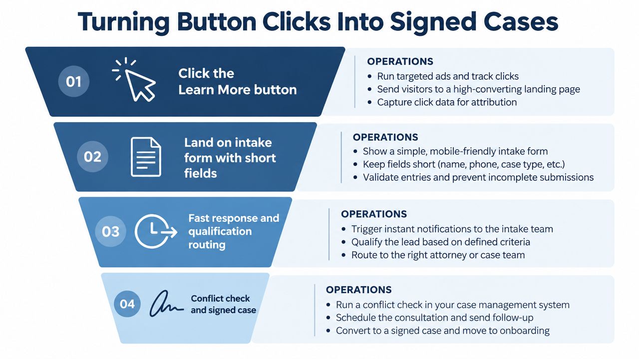 A four-step funnel diagram showing the process of converting online button clicks into signed legal cases.