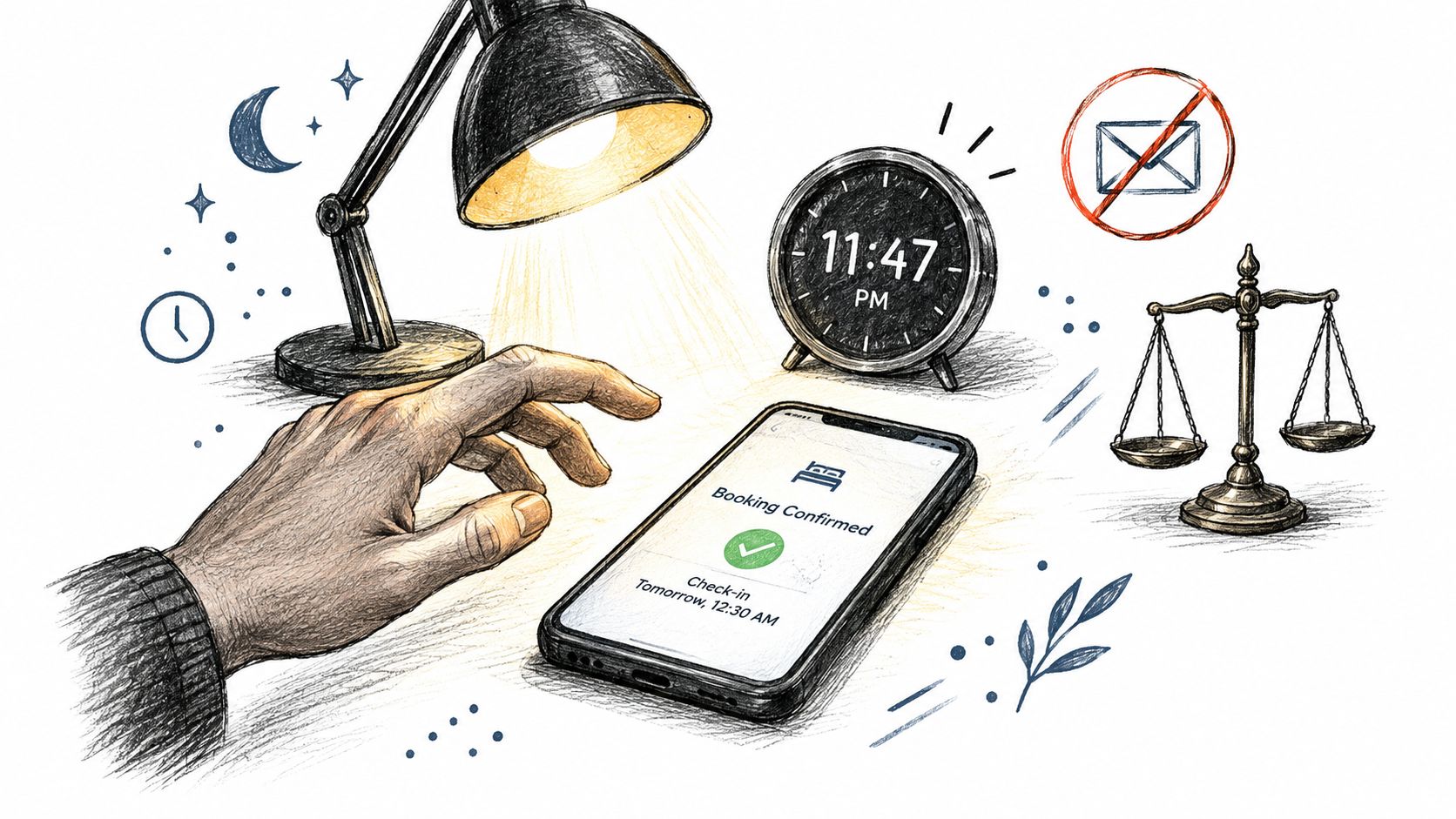 A sketched illustration of a person booking an appointment online on a smartphone at night.