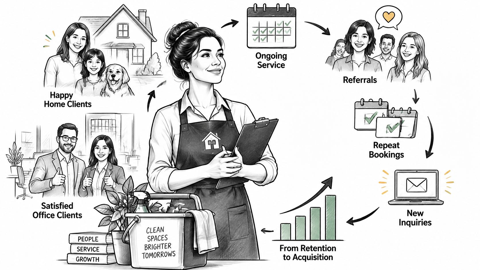 A professional cleaner standing amidst visual cycle icons showing how a cleaning business acquires and retains clients.