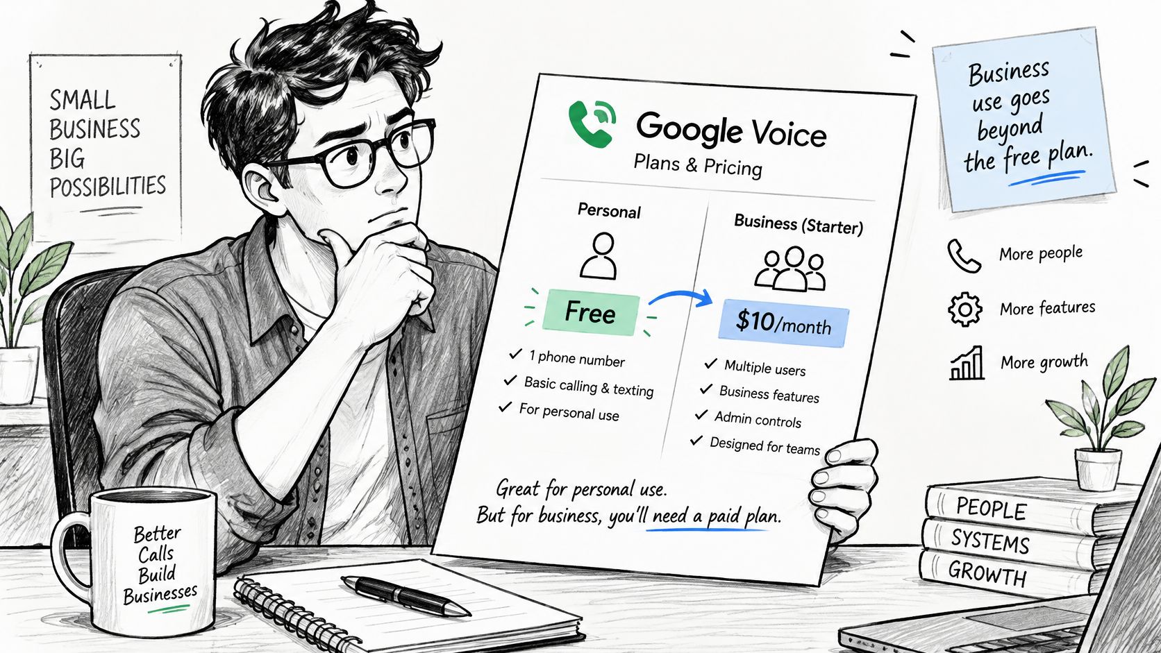 A person evaluating Google Voice plans, comparing a free personal account with a paid business starter subscription.