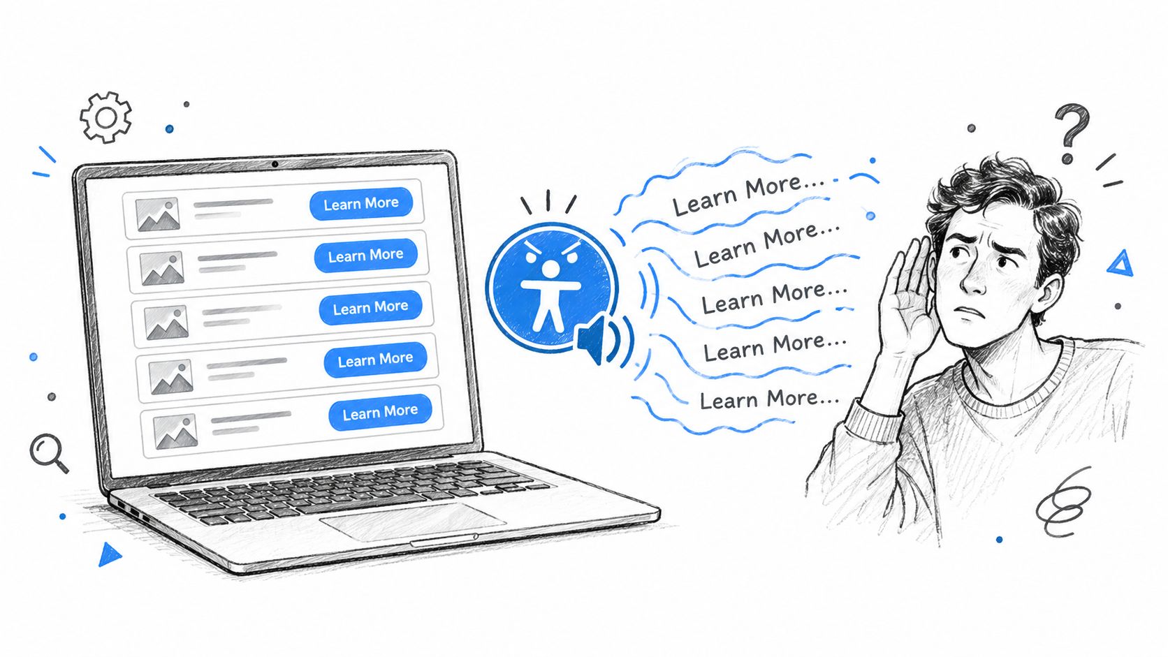 A confused person listens to repetitive audio output of Learn More buttons from an accessible computer interface.