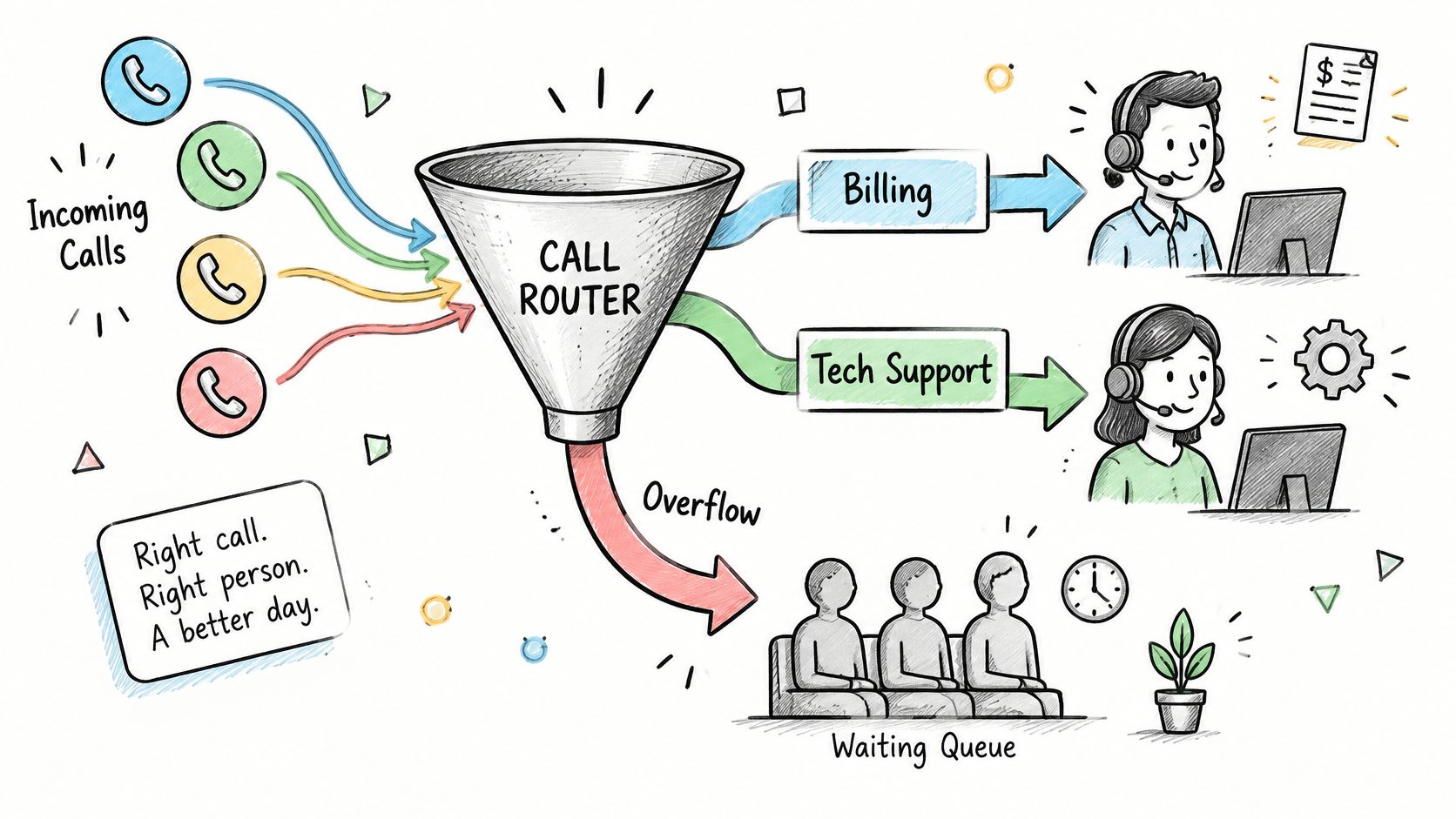 A hand-drawn illustration showing a call router funnel directing incoming customer service calls to appropriate departments or queues.