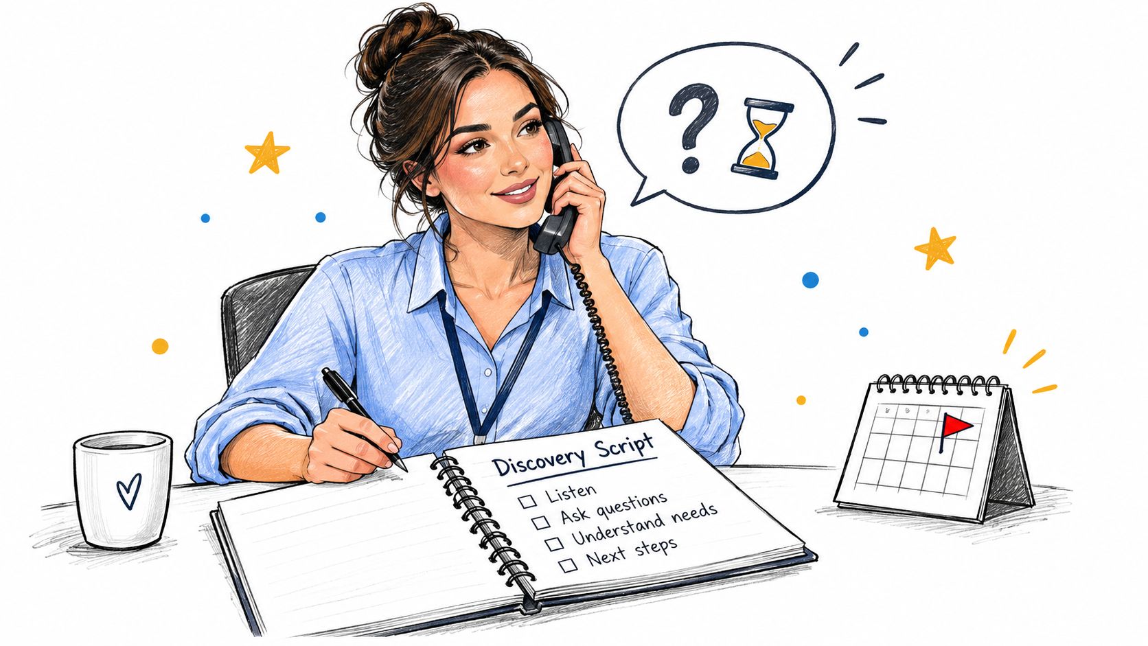 A professional woman on a business call referencing a discovery script notebook at her desk with calendar.