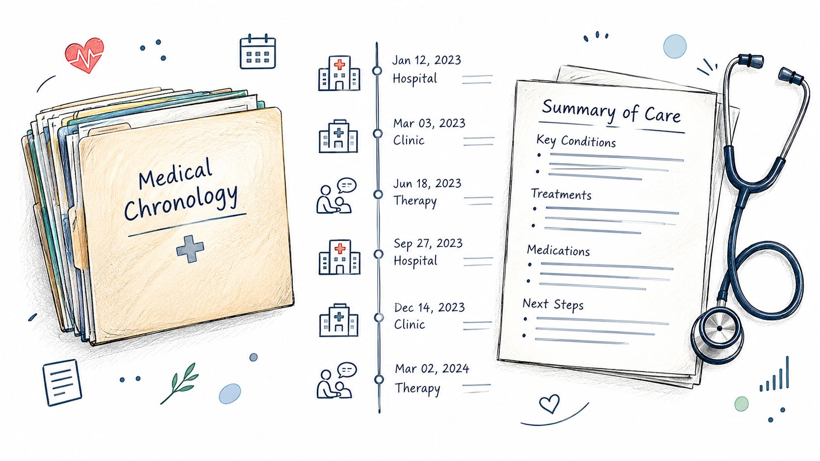 A visual representation of medical records, a timeline of healthcare visits, and a summary of care document.