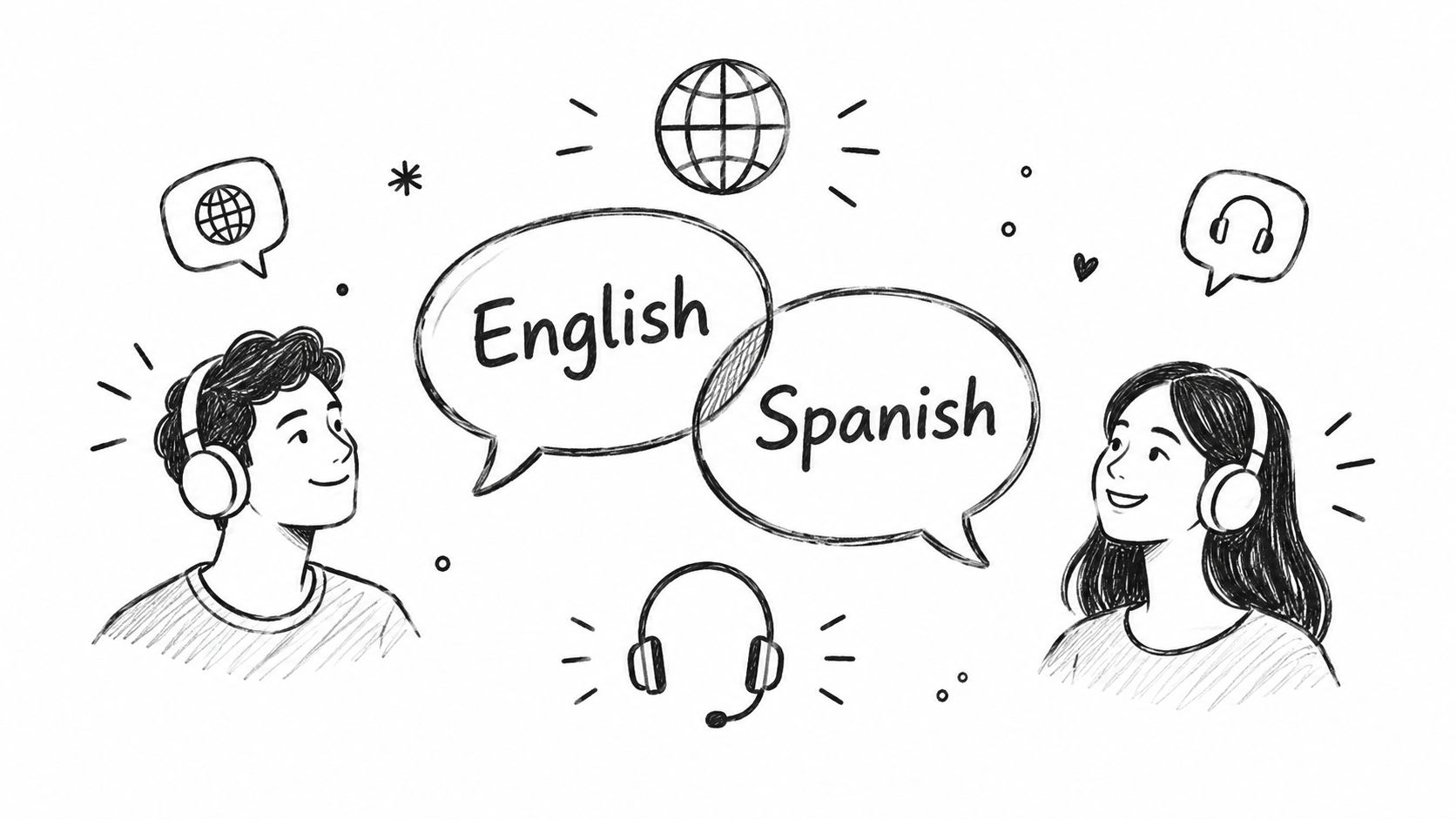 A hand-drawn sketch of a man and a woman wearing headphones and speaking English and Spanish.