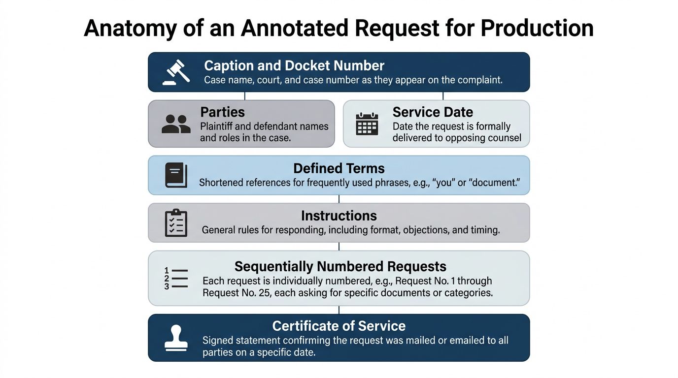 An infographic titled Anatomy of an Annotated Request for Production explaining key components of legal discovery documents.