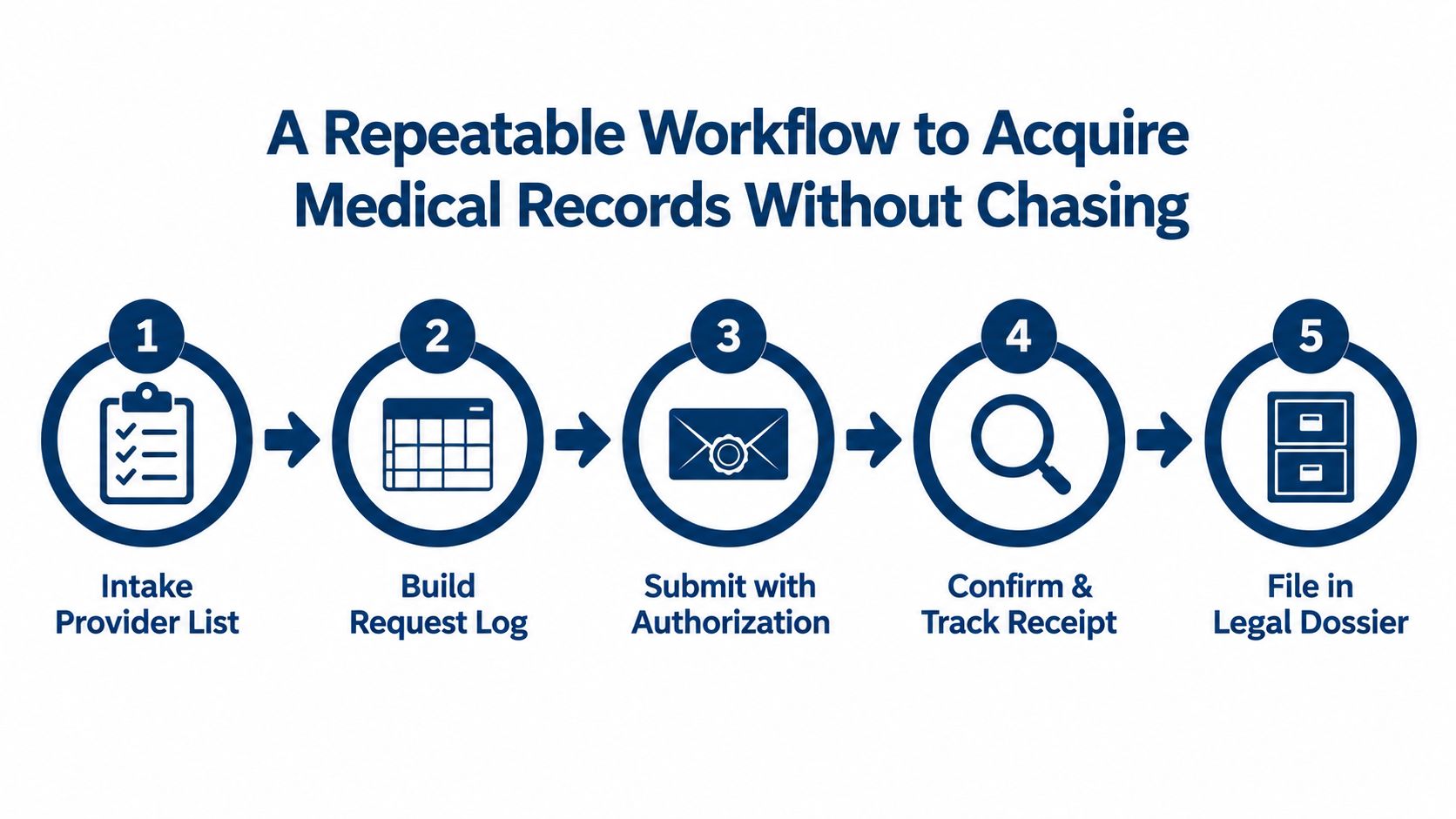 A five-step workflow diagram illustrating the professional process for acquiring medical records for legal cases.