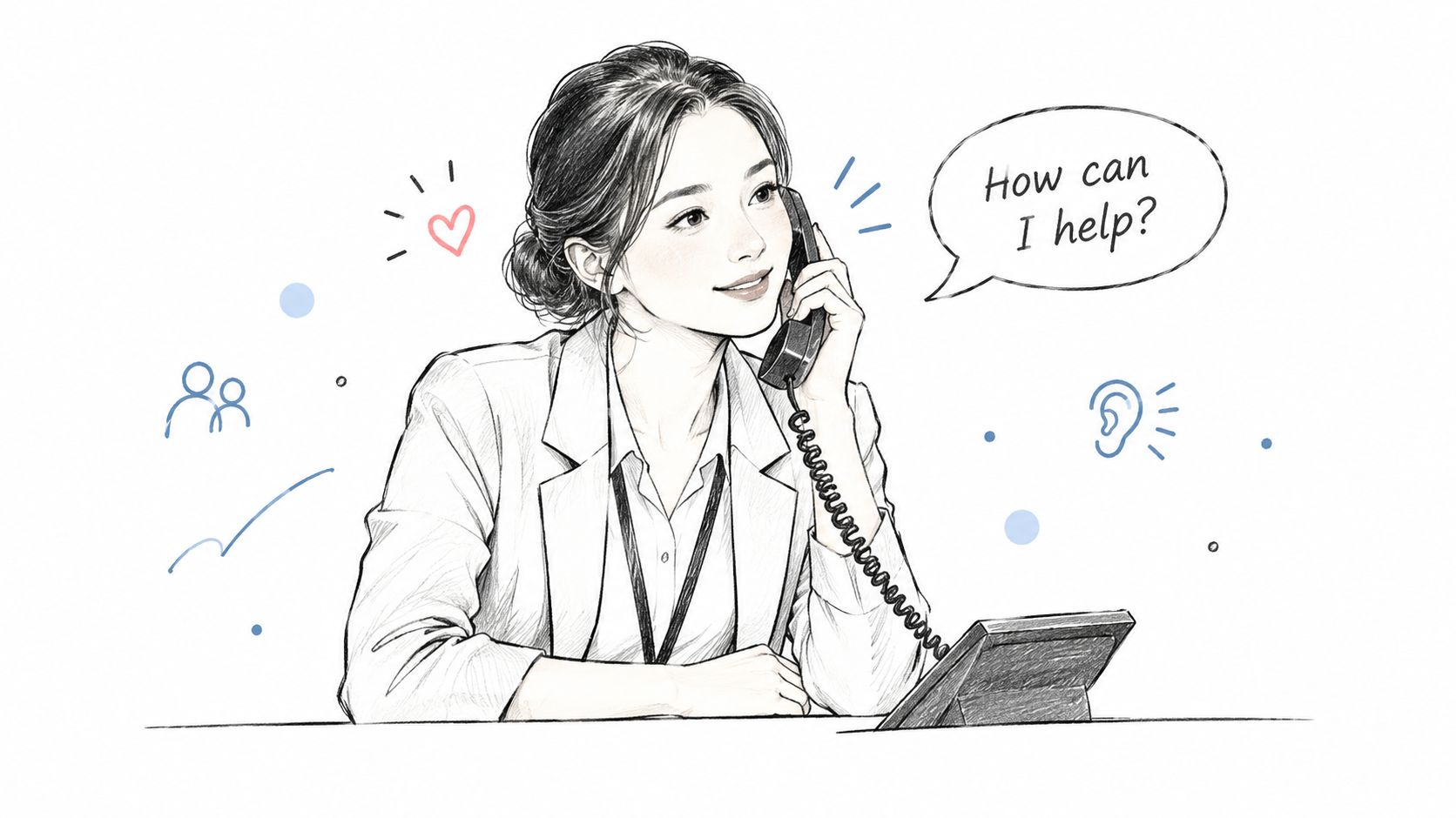 A friendly customer service representative smiling while answering a telephone call in a professional office setting.