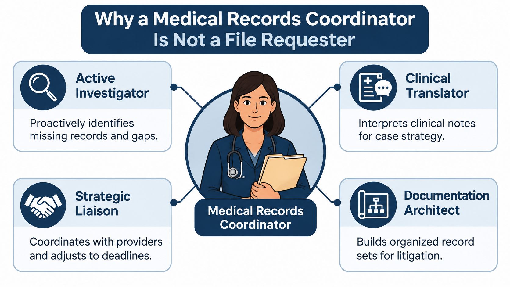 A diagram illustrating the four key roles and responsibilities of a medical records coordinator in a professional setting.