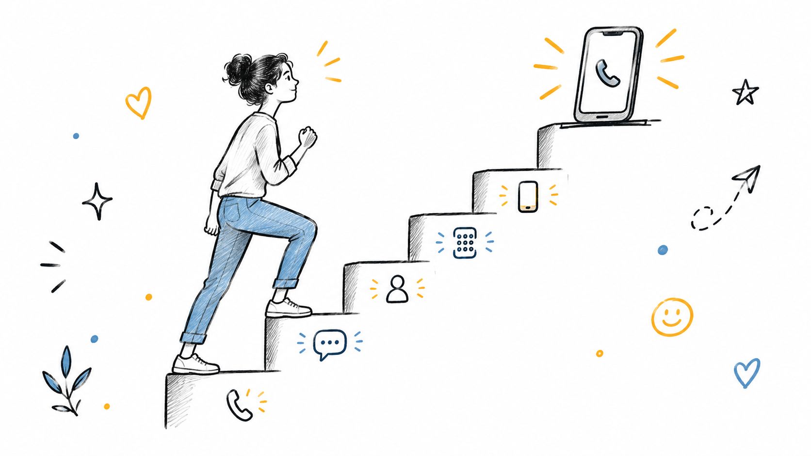 An illustrated woman climbing a staircase of icons to overcome the fear of talking on phone.