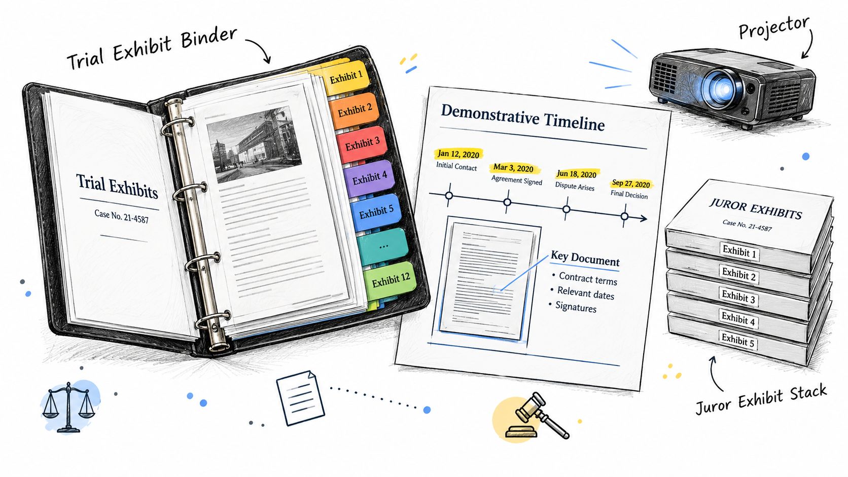 A trial preparation binder, a demonstrative timeline document, a projector, and a stack of juror exhibits.