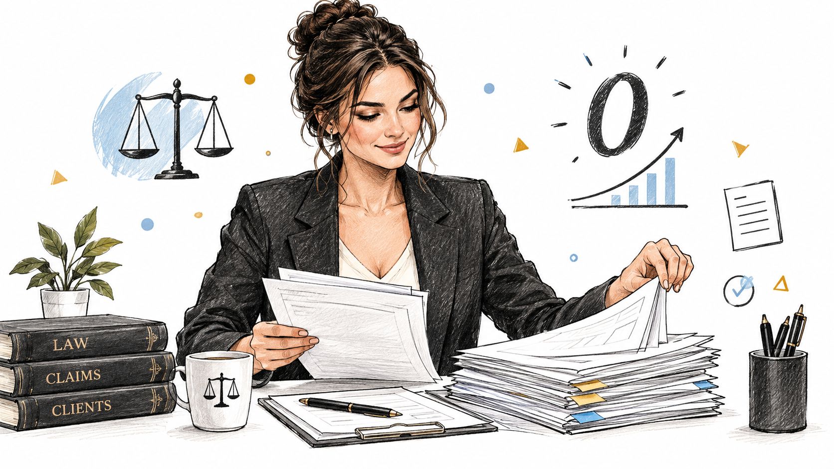 A professional female attorney reviewing legal documents at her desk, featuring law books and scale icons.