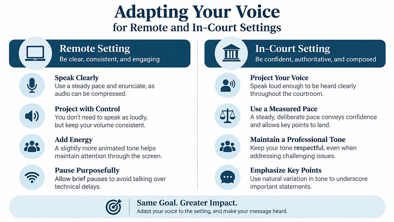 An infographic titled Adapting Your Voice comparing communication techniques for remote video calls versus in-court settings.