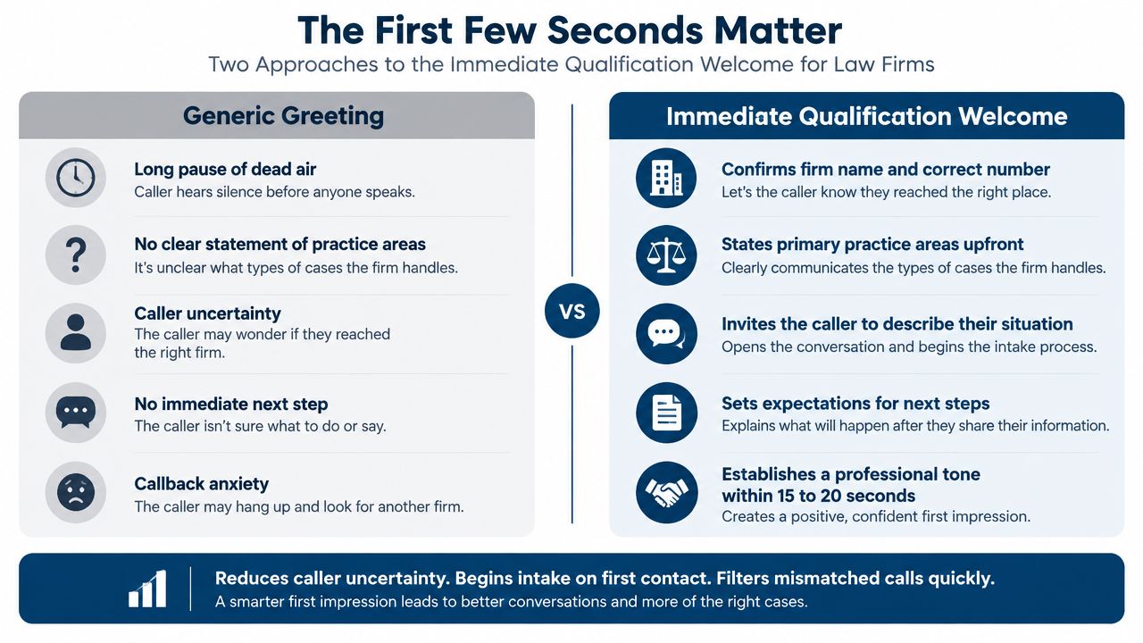 A comparison chart showing how immediate qualification welcomes improve caller experience for law firms compared to generic greetings.