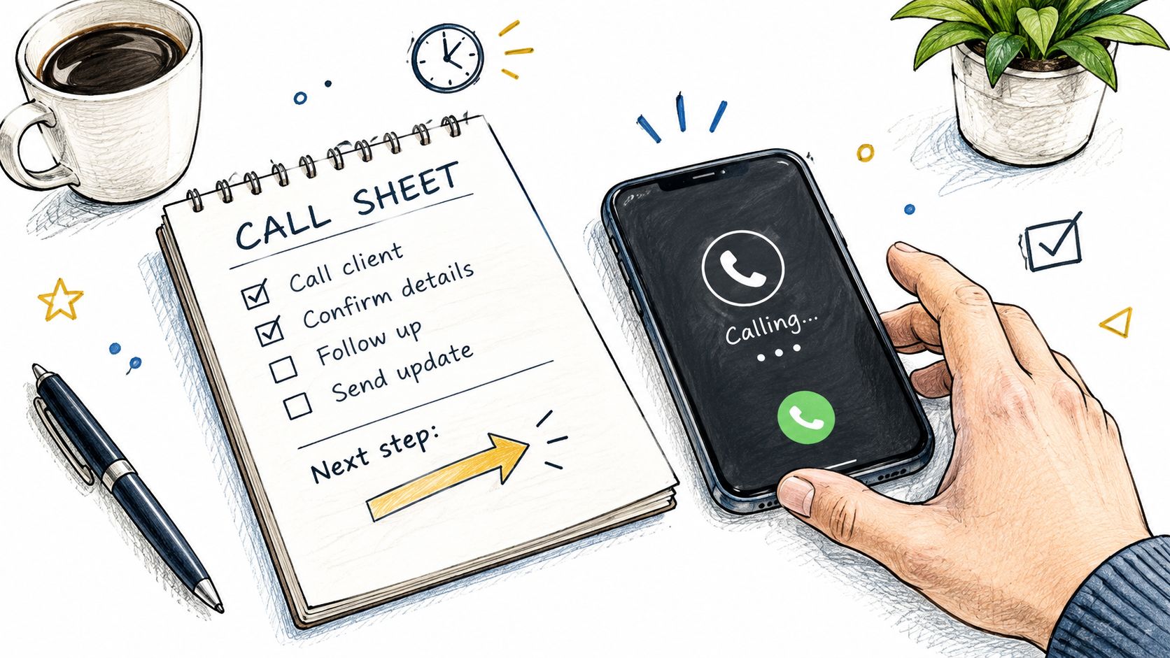 A hand holding a smartphone while making a business call, with a call sheet checklist beside it.