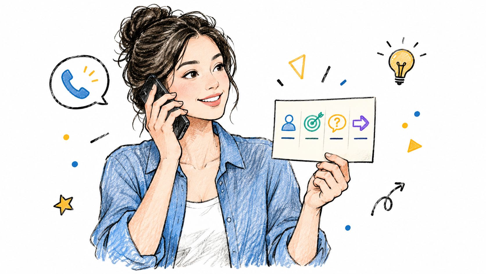 A woman talking on a smartphone and holding a sign with four icons about communication process.