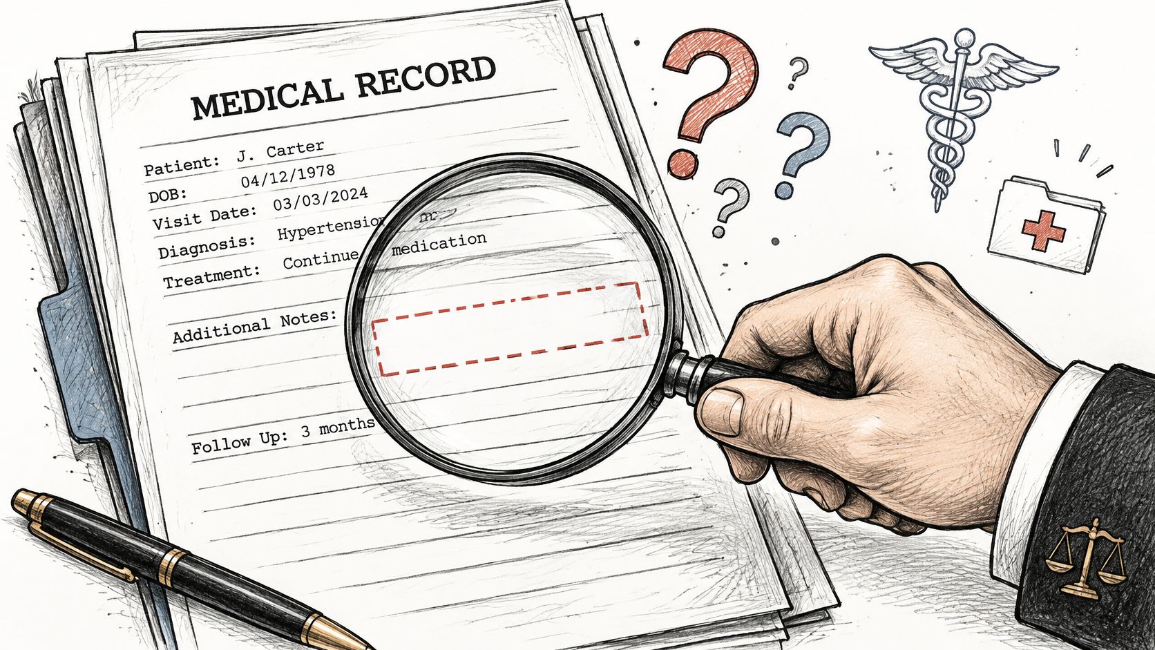 A hand holding a magnifying glass over a medical record document with a legal suit sleeve.