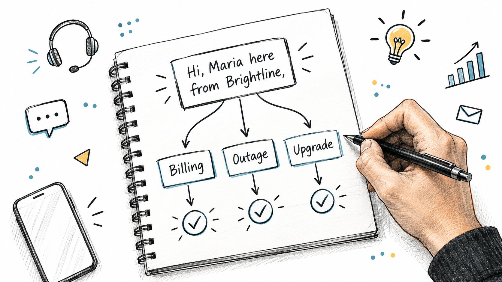 A hand drawing a flowchart on a notebook for Brightline customer service categories like billing and outages.