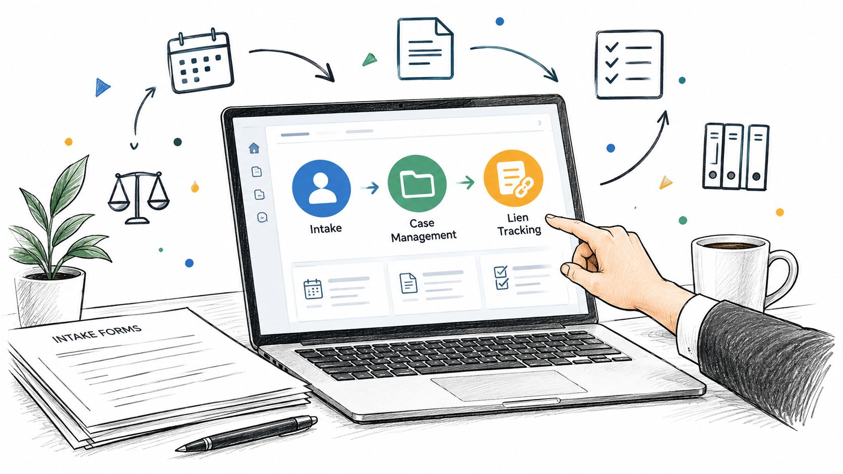 A hand interacting with a laptop screen displaying a workflow for case management and medical lien tracking.