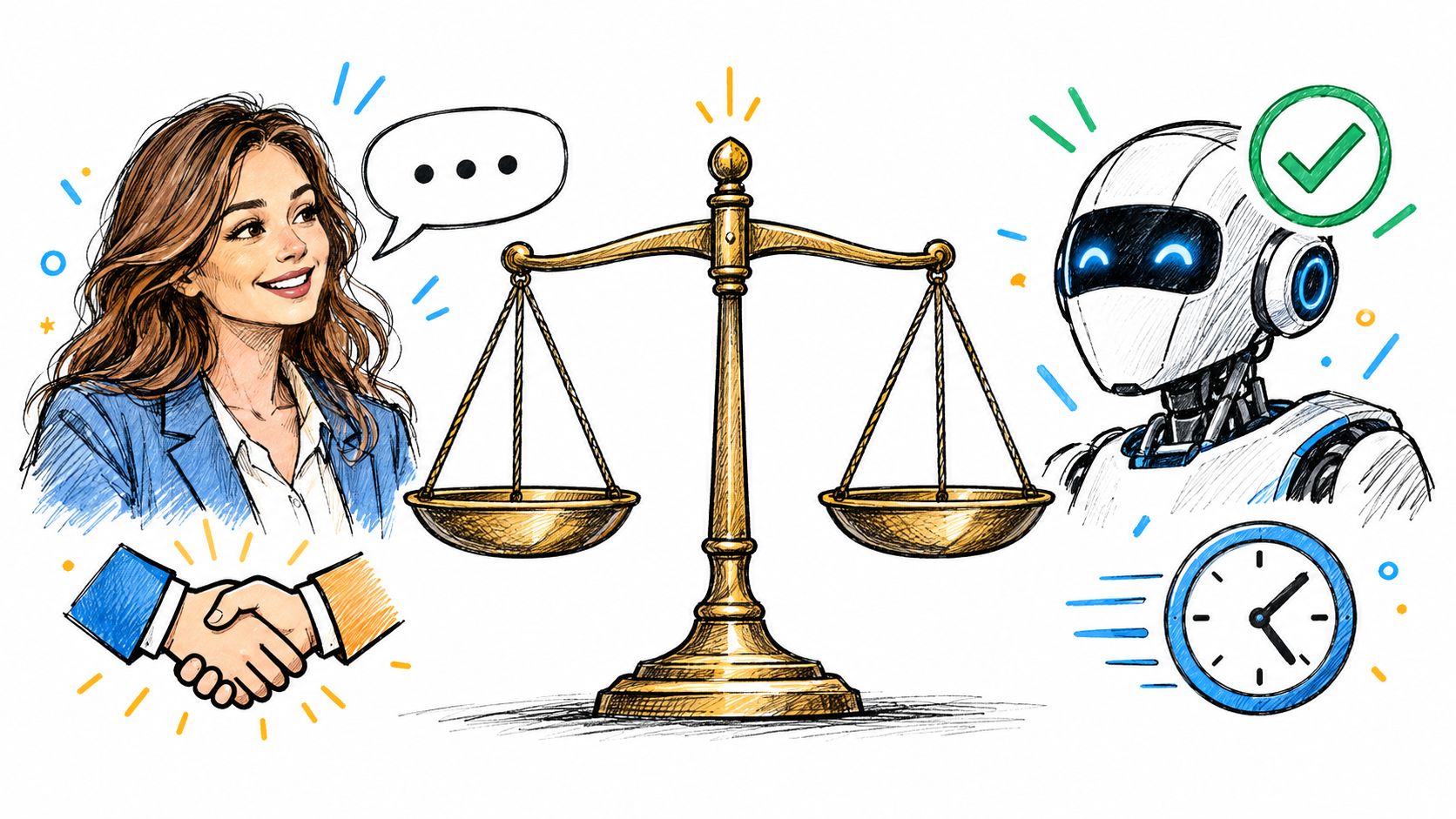 A professional woman and a futuristic robot stand on opposite sides of a golden scale of justice.