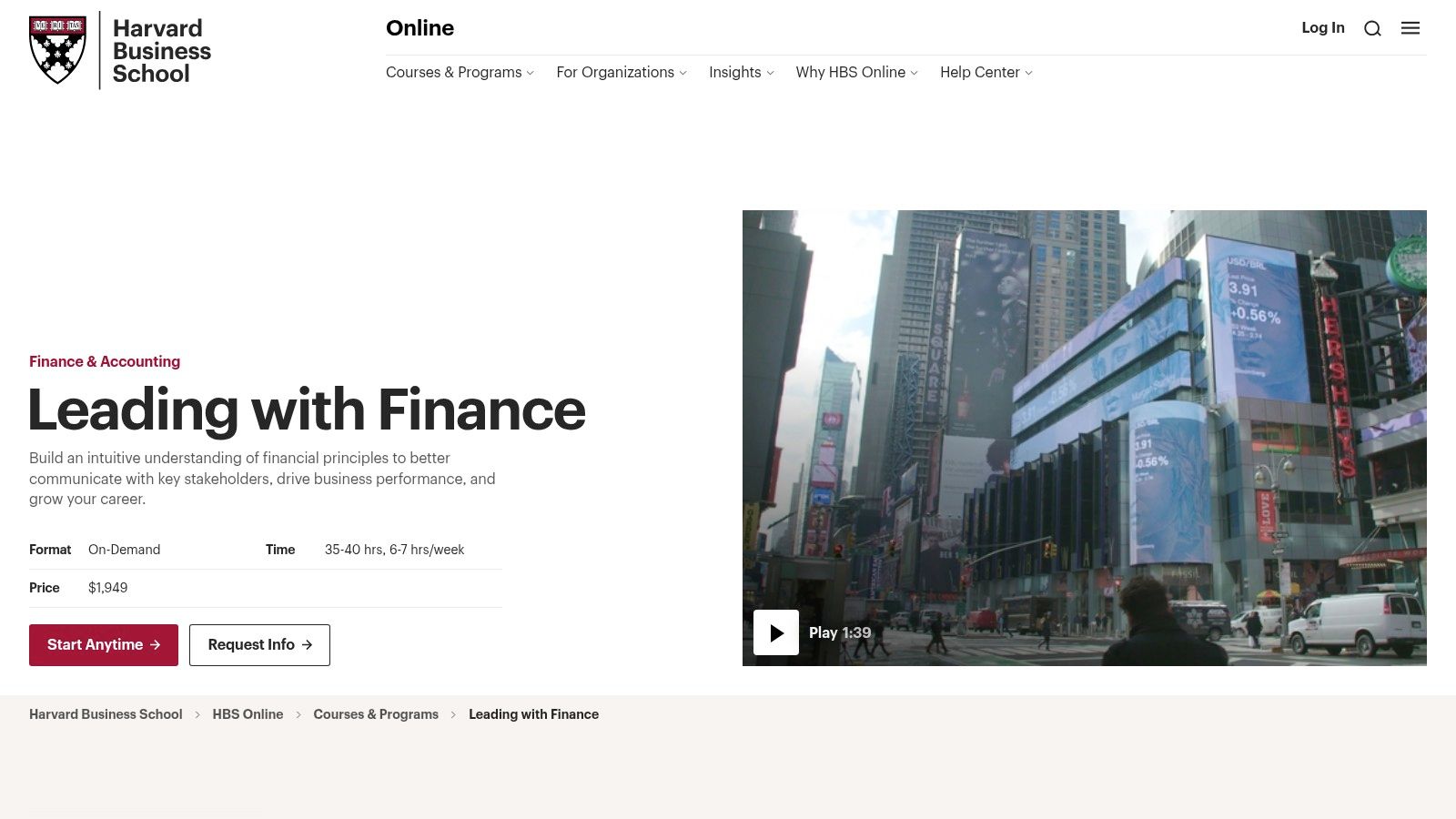 Harvard Business School Online Leading with Finance online