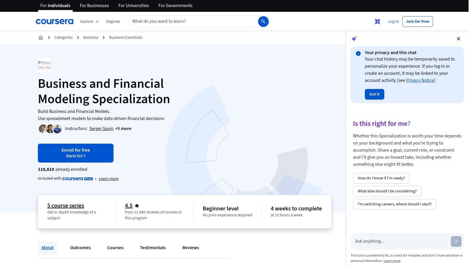 Wharton Online Coursera Business and Financial Modeling Specialization
